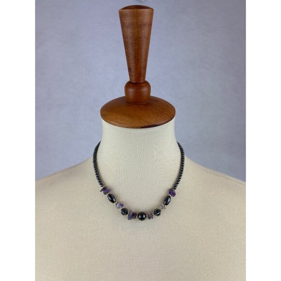 Handmade Hematite Raw Amethyst Beaded Necklace Gold Accents - Picture 2 of 8